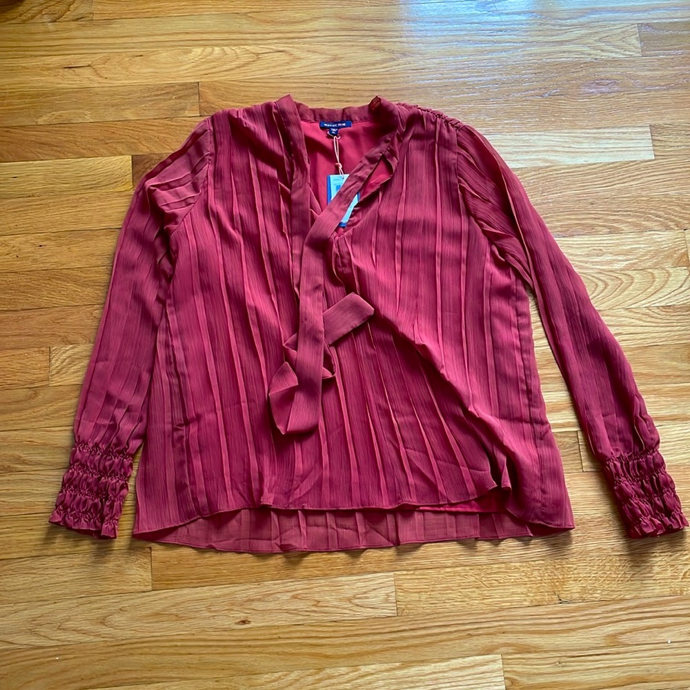 Skies are blue tie neck blouse, burnt red